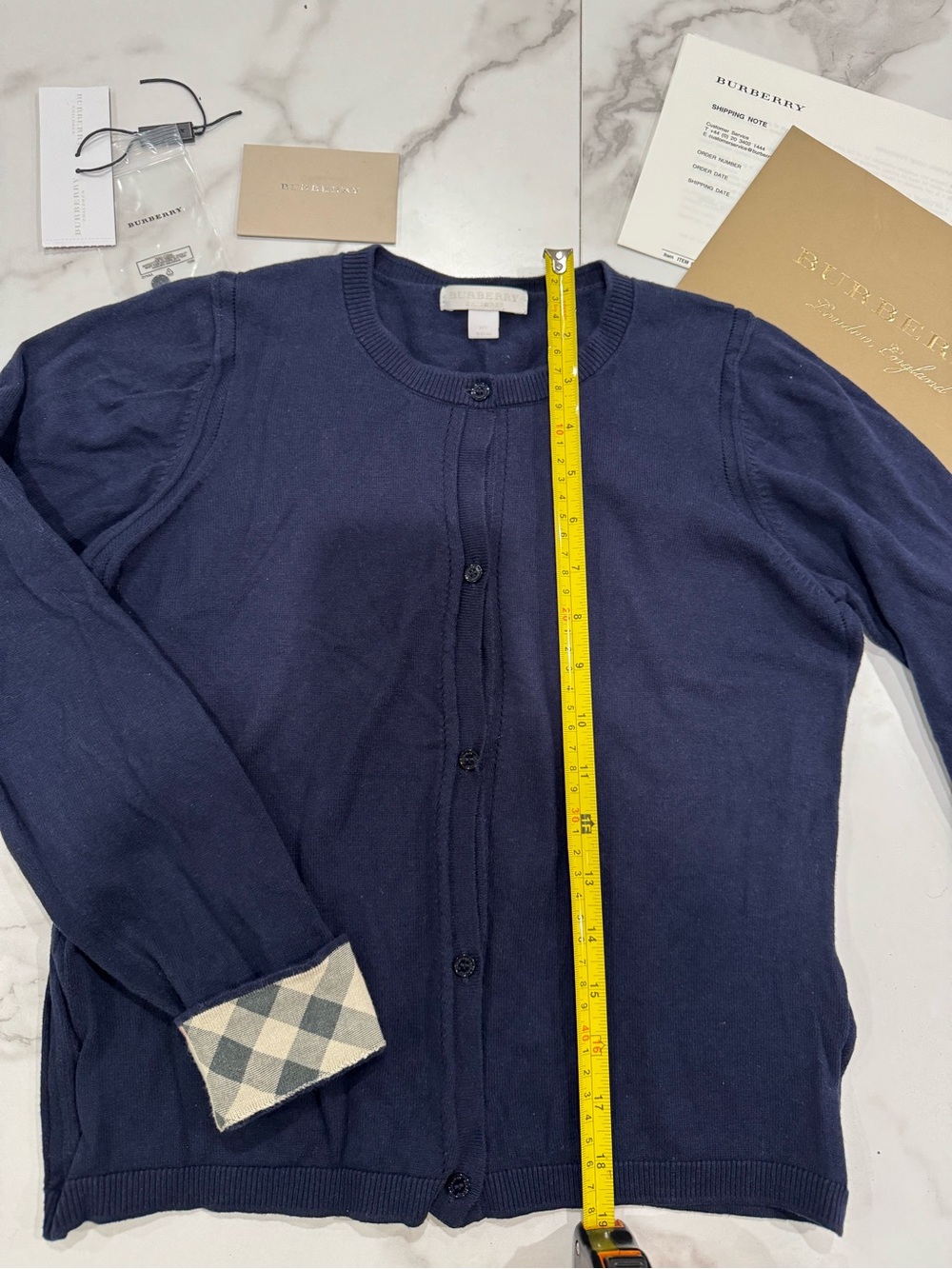 Authentic Burberry Navy Cardigan with Signature Check Cuff - Picture 2 of 5